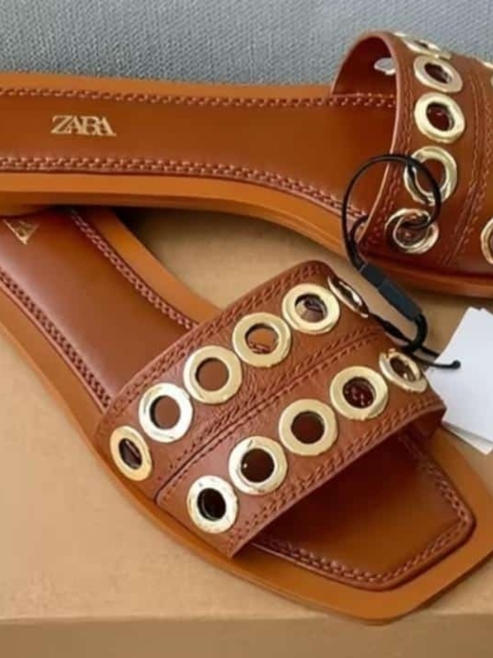 Zara Tan Leather Slide Sandals with Gold Eyelet Accents